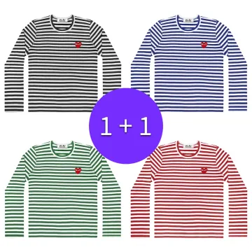 꼼데가르송 남녀공용 긴팔 보더티 면 티셔츠 레드와펜 AX-T164-051