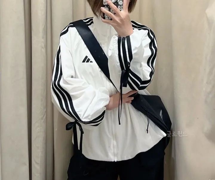 아디다스 루즈핏 바람막이 리본 트랙탑 집업 자켓 화이트 JY5651