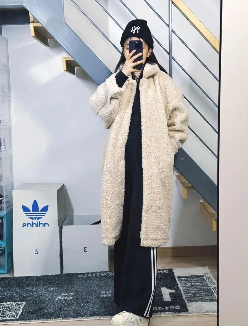 아디다스 여성 아디컬러 쉐르파 뽀글이 롱 자켓 아이보리 브라운 2컬러 HC0308 HC0310