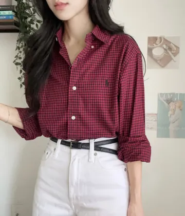 폴로랄프로렌 남녀공용 클래식핏 깅엄체크 트윌 셔츠 와인