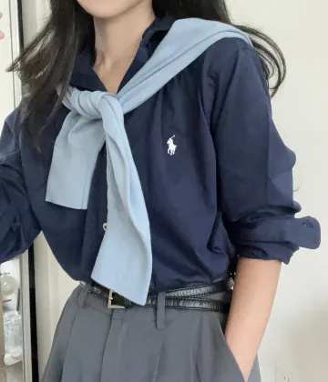 폴로랄프로렌 남녀공용 클래식핏 저지 스프레드 코튼 셔츠 (CRUISE NAVY)