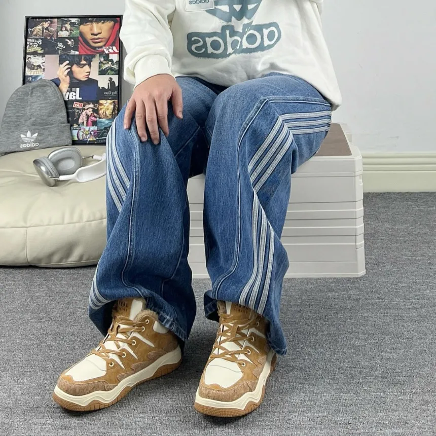 아디다스 오리지널 여성 삼선 루즈핏 데님 진 청바지 팬츠 JN0726