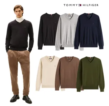 타미힐피거 남녀공용 솔리드 로고 브이넥 스웨터 78J8323-BDS