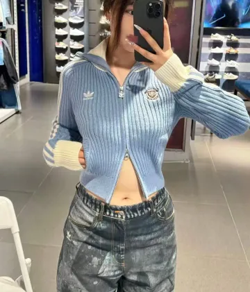 아디다스 여성 팀 풀집 스웨터 캐주얼 니트 블루 KF0719