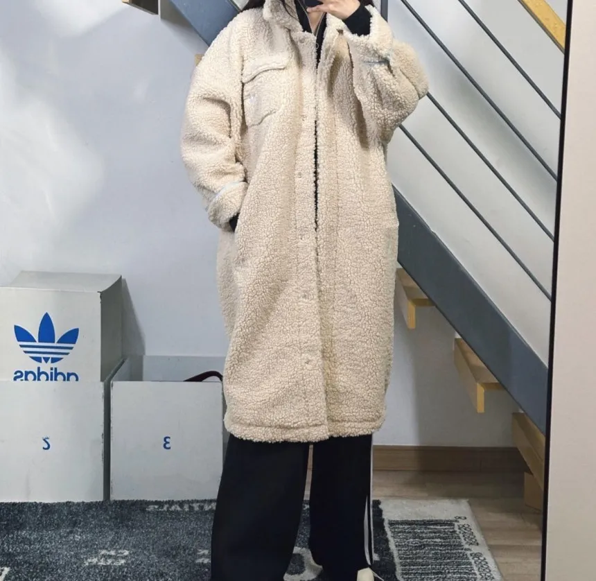 아디다스 아디컬러 쉐르파 플리스 뽀글이 후리스 테디 롱 자켓 아이보리 HC0308