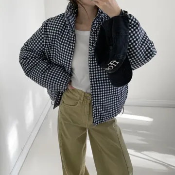 홀리스터 여성 25FW 네이비 깅엄 체크 푸퍼 집업 패딩 점퍼