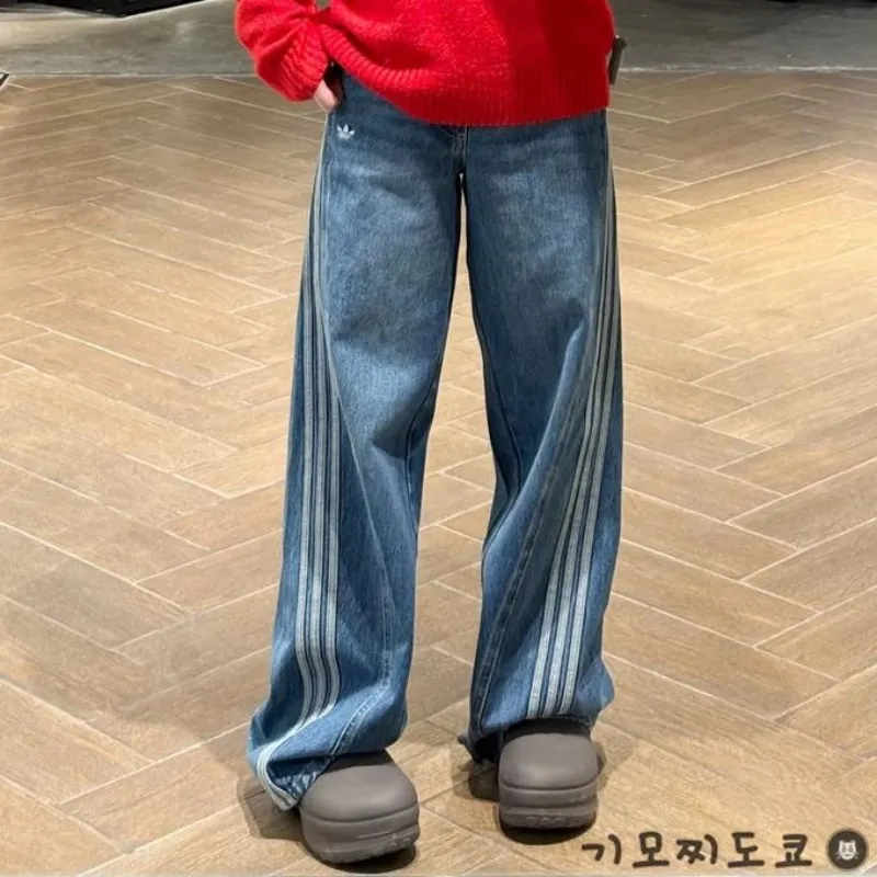 아디다스 오리지널 삼선 루즈핏 데님 와이드 청바지 팬츠 진청 JN0726