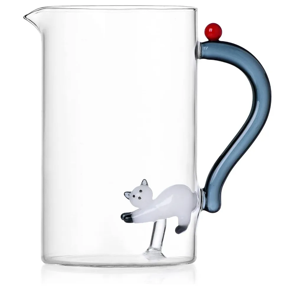 Ichendorf Pichet Tabby Cat Chat Blanc Queue Grise & Baies - Carafe Verre Borosilicaté Design 1,3L Fait Main