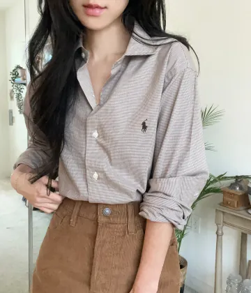 폴로랄프로렌 남녀공용 클래식핏 하운드체크 트윌 셔츠 브라운