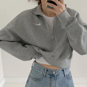 나이키 여성 오버사이즈 가오리핏 피닉스 반집업 그레이 크롭 기모 맨투맨