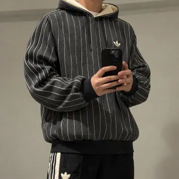 아디다스 오리지널 남녀공용 핀스트라이프 루즈핏 플리스 후드티