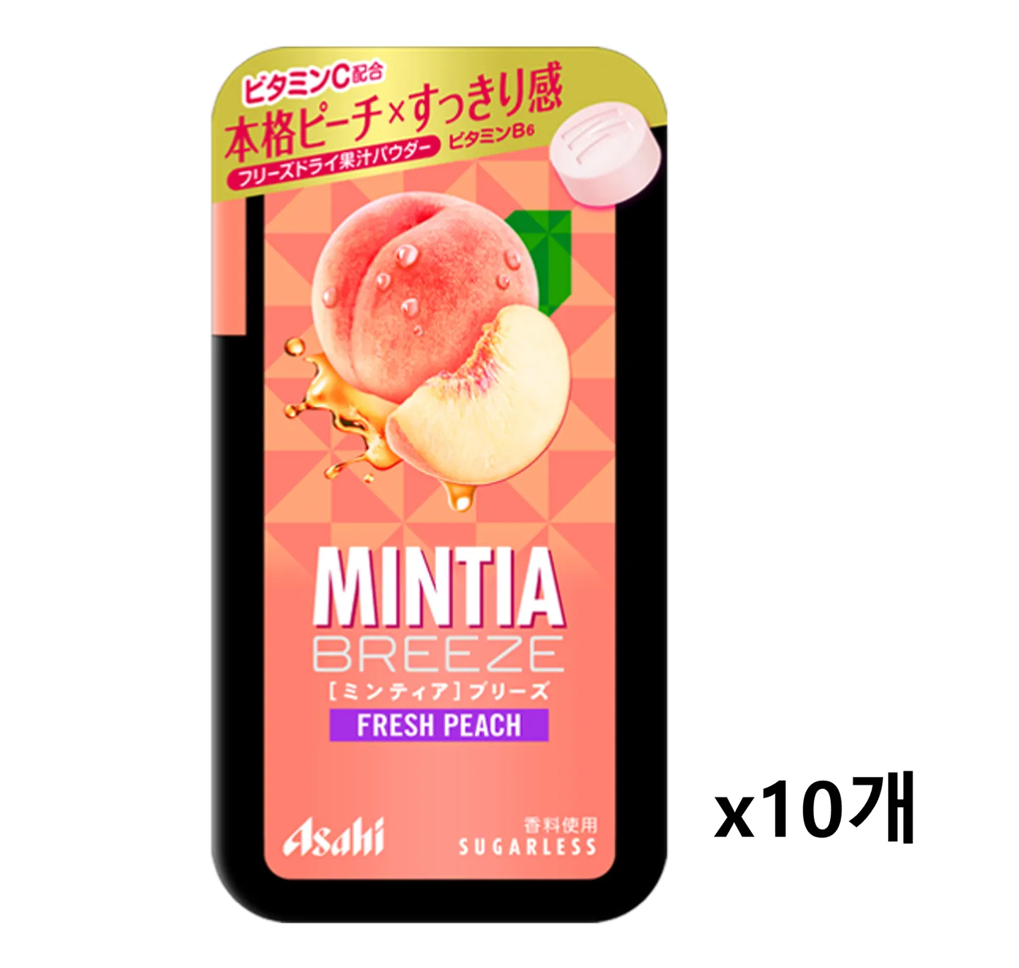 민티아 목캔디 일본 아사히 민트 사탕 브리즈 슈가리스 후레쉬 피치 22g 10개