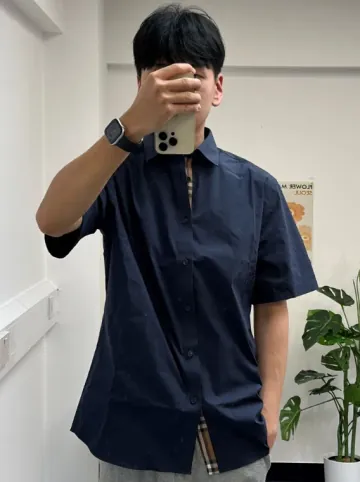 버버리 SHEFFORD 코튼 반팔 남성 셔츠 NAVY BLACK 80914361