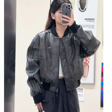 아디다스 우먼스 PU 패드 가죽 페이크 레더 봄버 크롭 점퍼 자켓 블랙 KC2656