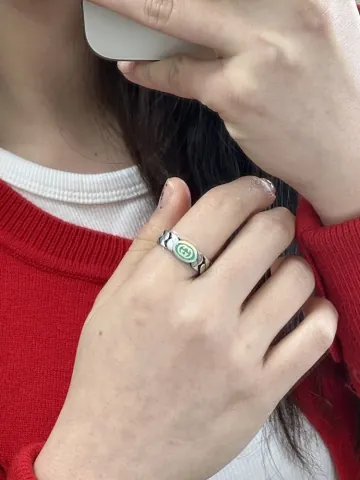 구찌 에나멜 미니 인터로킹 체인 반지 GREEN SILVER 701612 J8410 8414