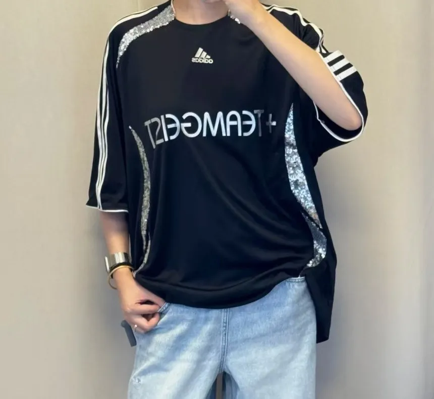 아디다스 팀가이스트 오버사이즈 여성 반팔 티셔츠 져지 블랙 KE9792