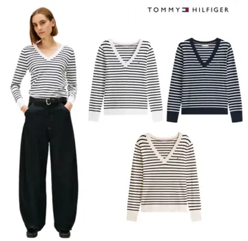 타미힐피거 스트라이프 브이넥 스웨터