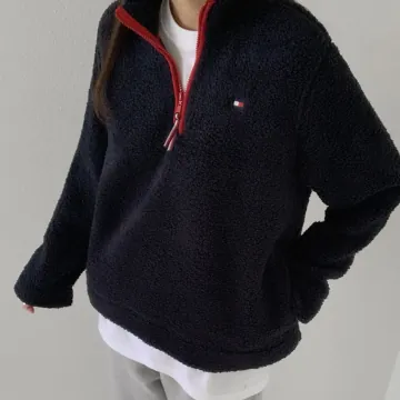 타미힐피거 여성 미니플래그 로고 네이비 쉐르파 반집업 후리스