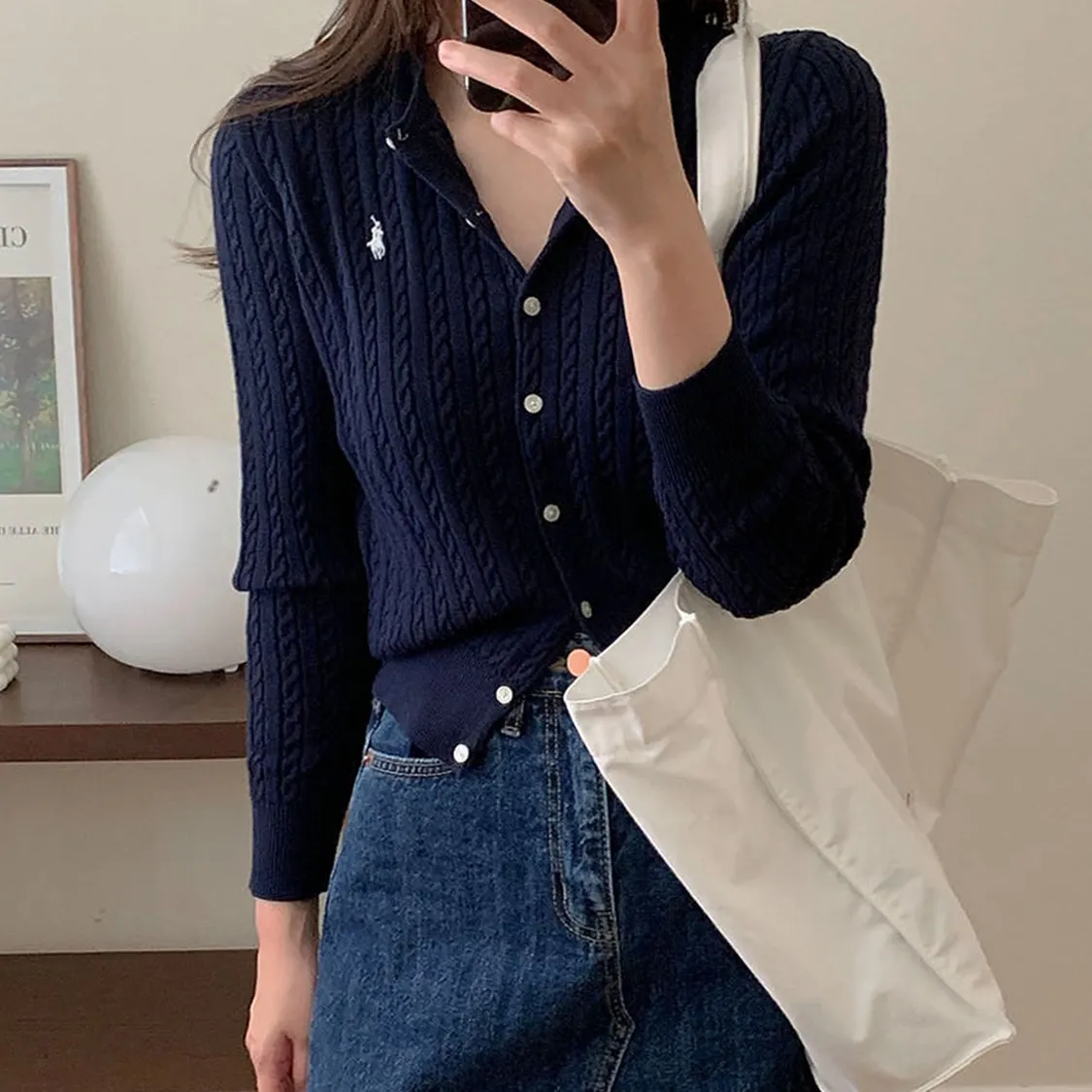 폴로 랄프로렌 여성 걸즈 네이비 미니 꽈배기 가디건