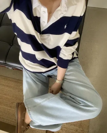 폴로 랄프로렌 여성 보이즈 26SS 럭비 네이비 스트라이프 카라 긴팔티