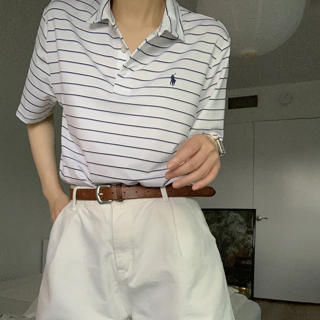 폴로랄프로렌 여성 보이즈 퍼포먼스 씬 스트라이프 화이트 저지 카라티