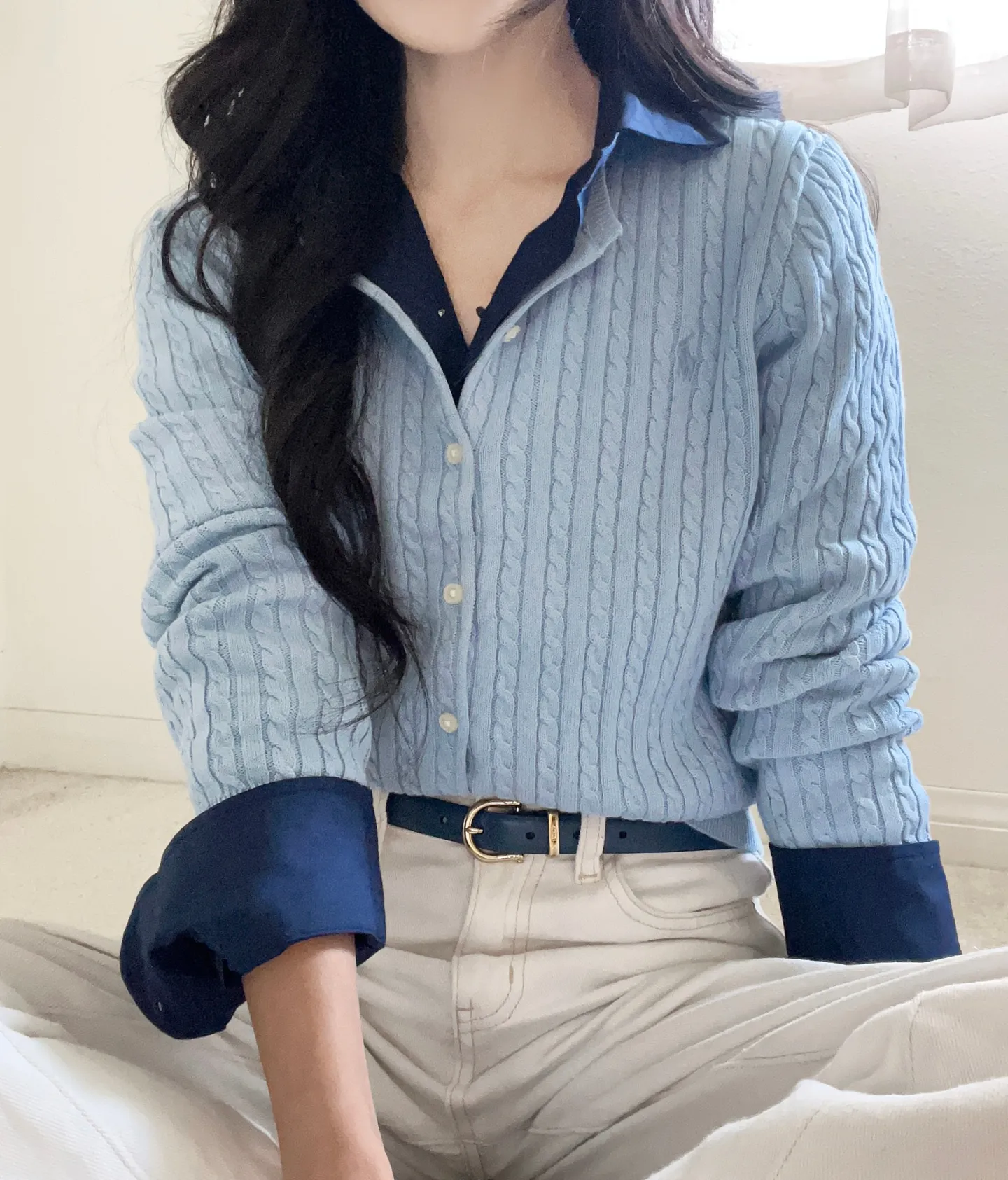 폴로랄프로렌 걸즈 꽈배기 가디건 블루