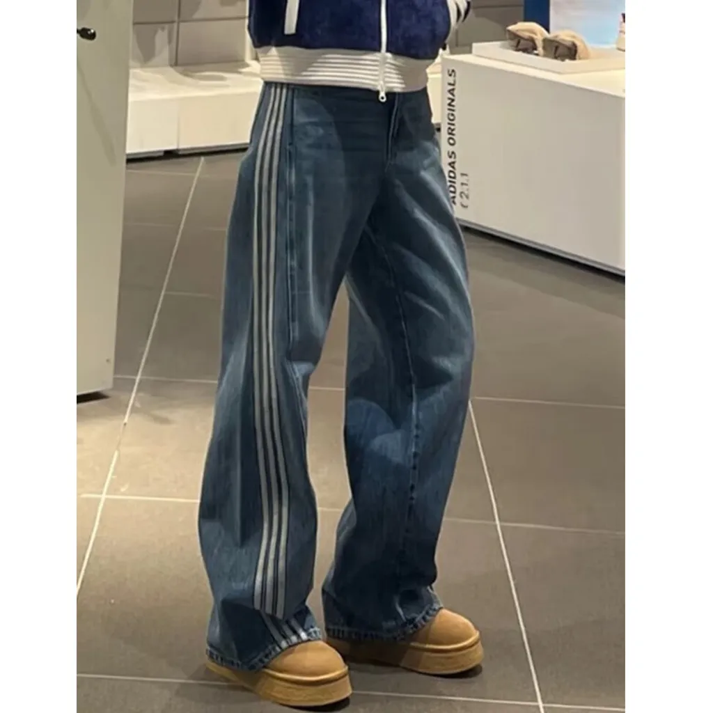 아디다스 오리지널 여성 삼선 루즈핏 데님 진 청바지 팬츠 JN0726