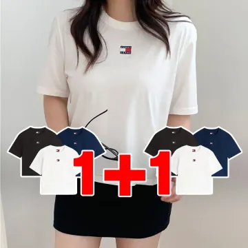 1+1 타미힐피거 미니 플래그 로고 세미 크롭 여성 반팔 티셔츠