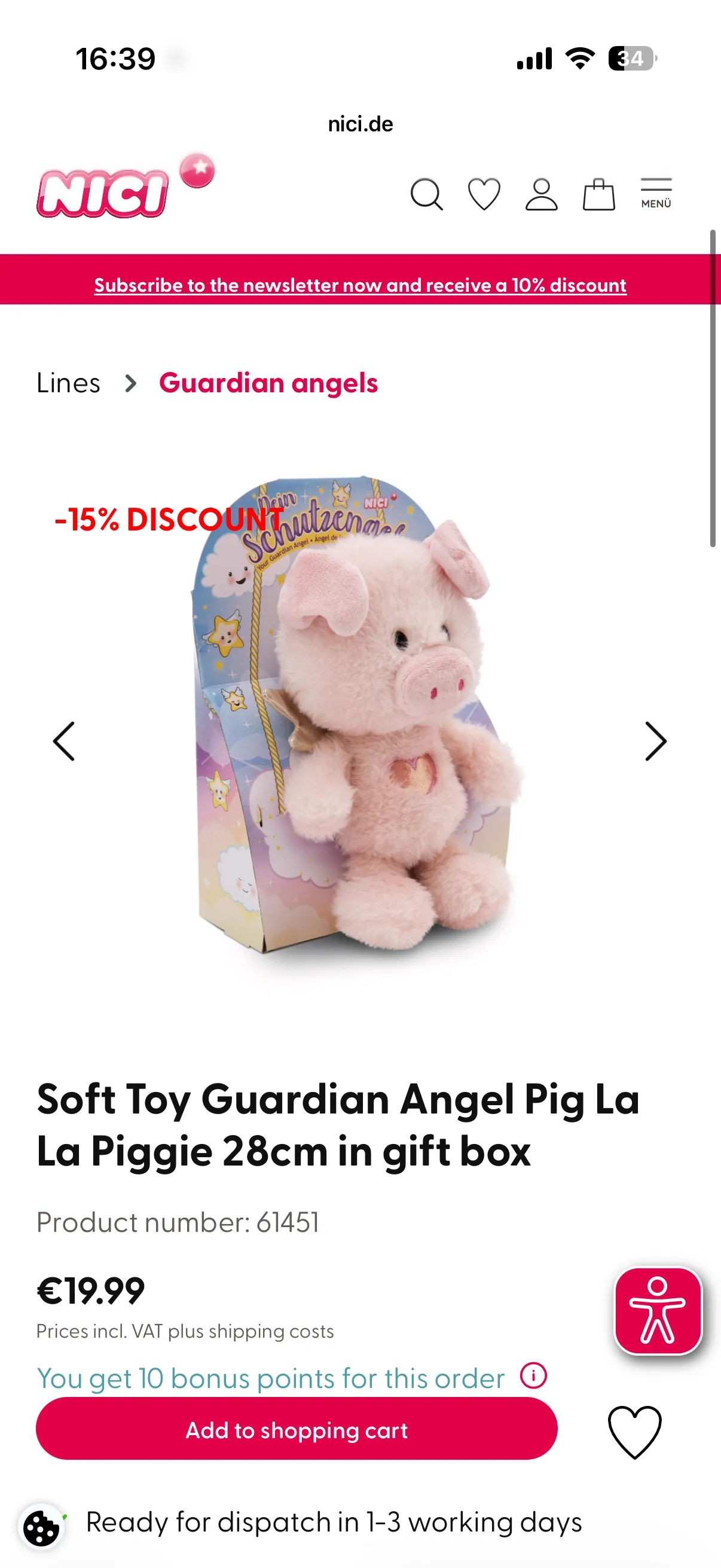 독일) NICI Soft Toy Guardian Angel Pig