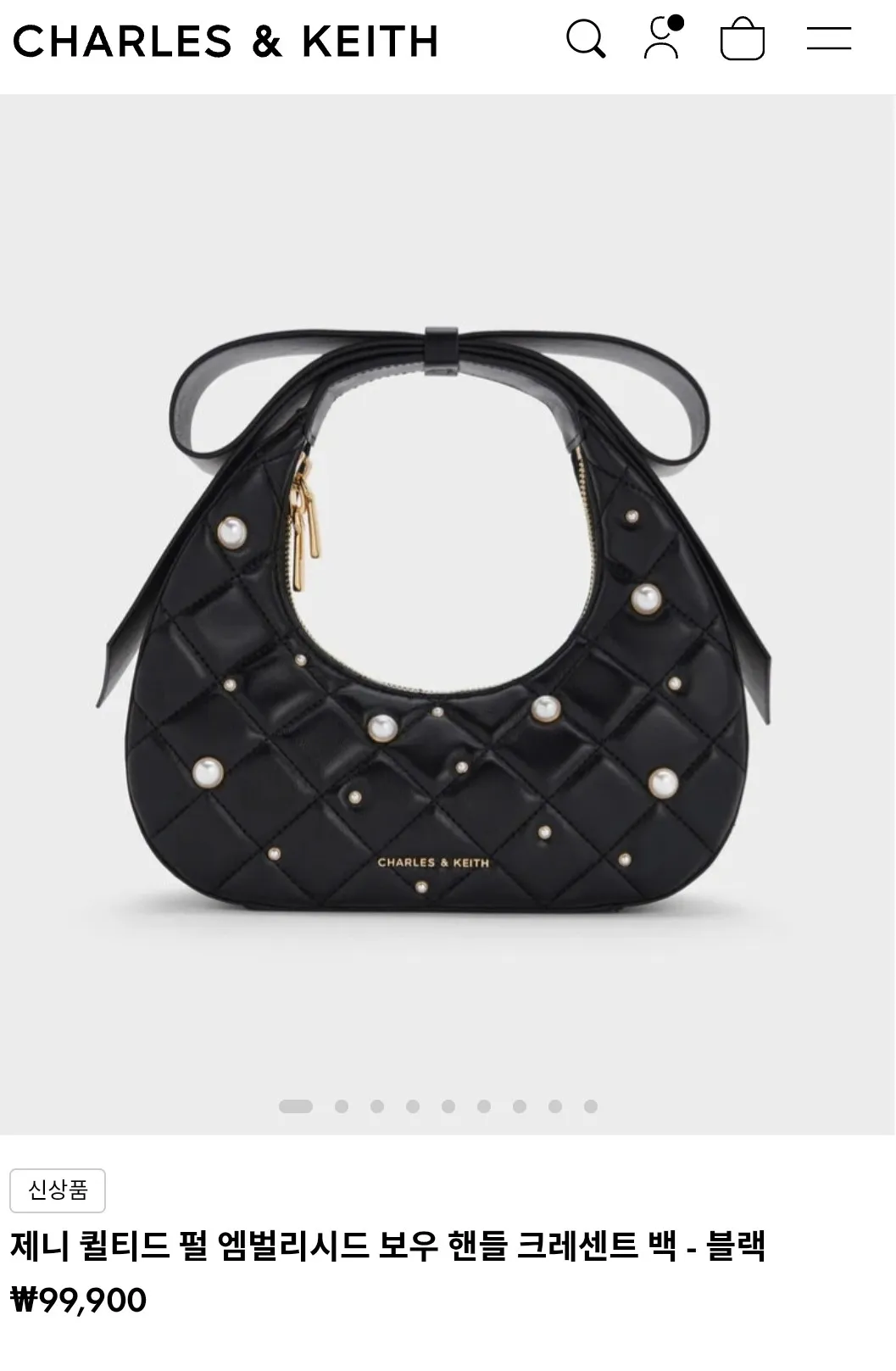 찰스 앤 키스 제니 퀼티드 펄 엠벌리시드 보우 핸들 크레센트 백 블랙